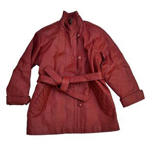 Vintage 80s 90s GIII Long Red Leather Coat Jacket Belted Womens Size Large